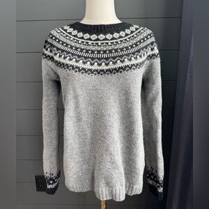 Kenar Black, White & Gray Wool Blend Nordic Fair Isle Rhinestone Sweater Sz Lg